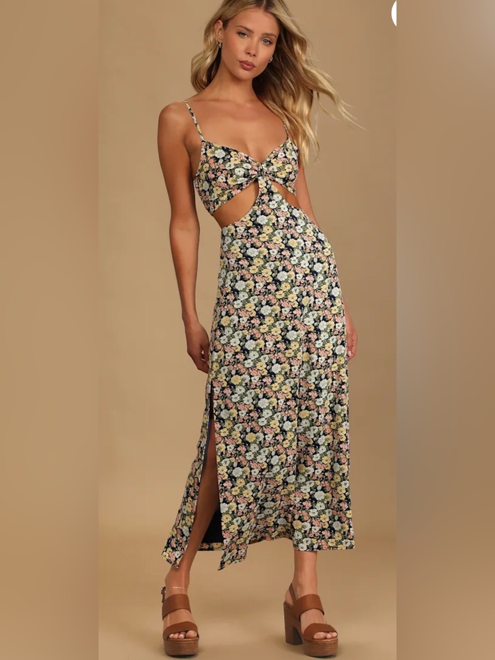Lulu's It's a Perfect Pick Navy Blue Floral Print Cutout Maxi Dress
